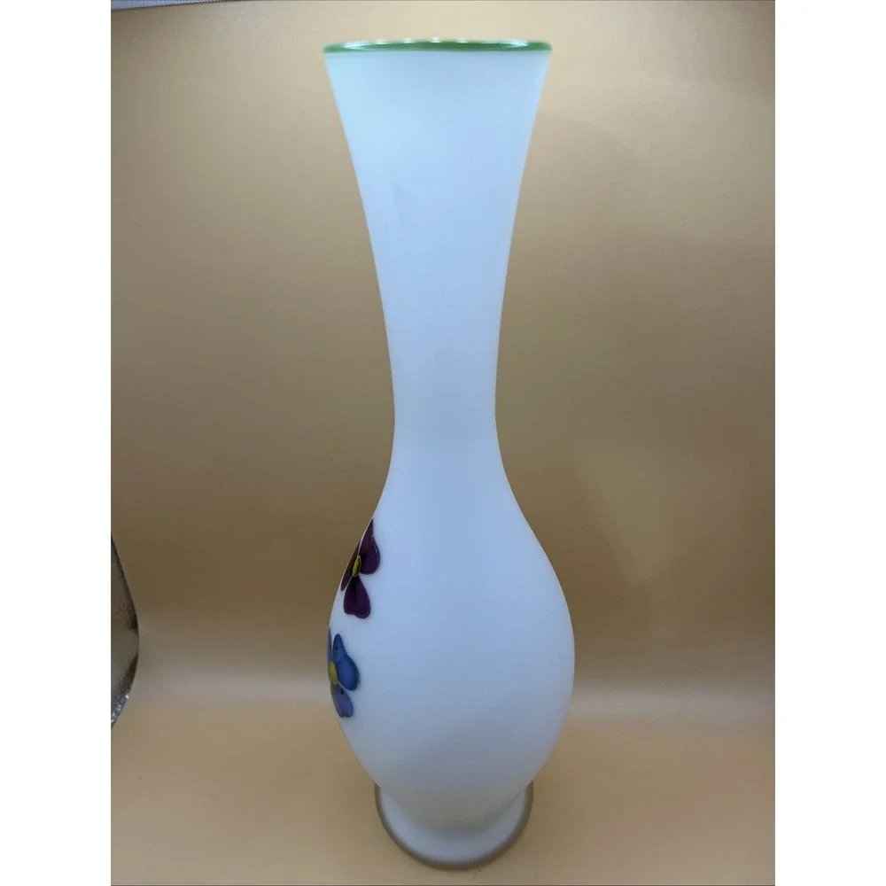 Made Italy for Schmid Bros White Cased Glass Vase Multicolor Floral 9.75